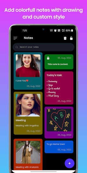 Color Notes home screen showing colorful notes with photos, a checklist and a drawing